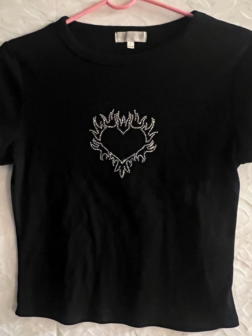Black Teen Girls Rhinestone Heart Flame Tee